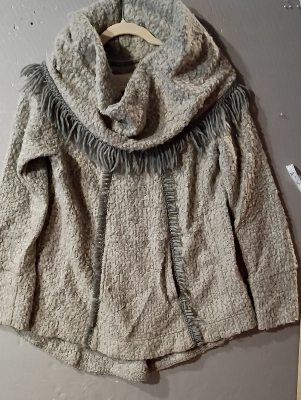 Angel Of The North Light Gray Fringe Shawl-Collar Sweater Wool Blend Anthropolog